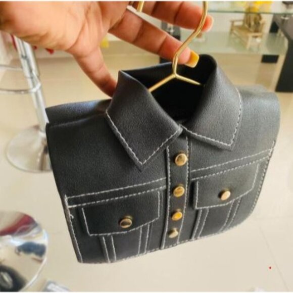 Fun Black Button Down Jacket Shirt on Hanger Crossbody Wristlet Handbag - Picture 2 of 5